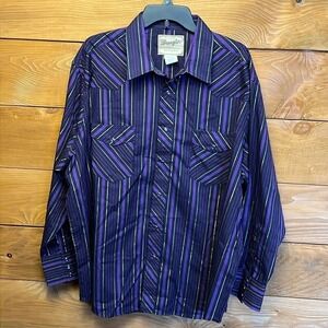 Wrangler Western Men Fashion Snap Shirt Striped Purple Metallic 2XL Cowboy Rodeo